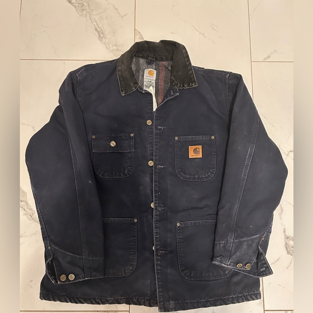 Vintage Carhartt Navy Canvas Duck Blanket Chore Coat Sz L